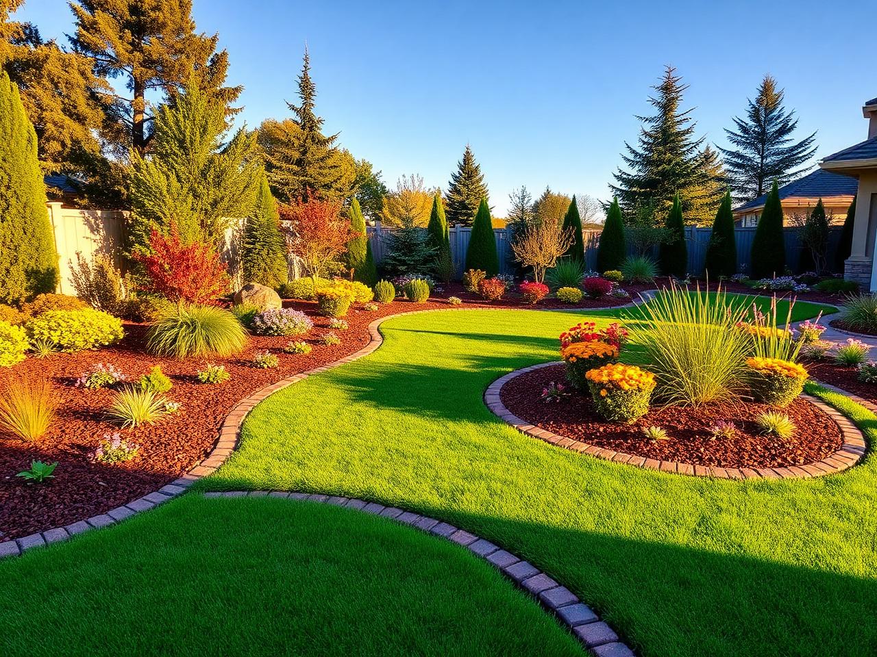 Landscaped backyard with curved garden beds and a striped lawn