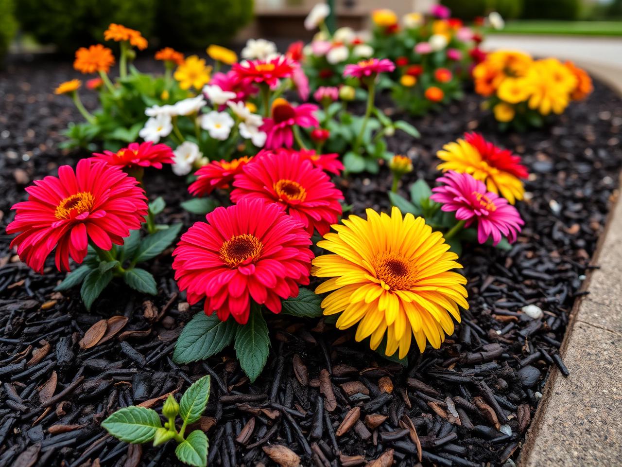 Colorful flower bed planted in fresh dark mulch