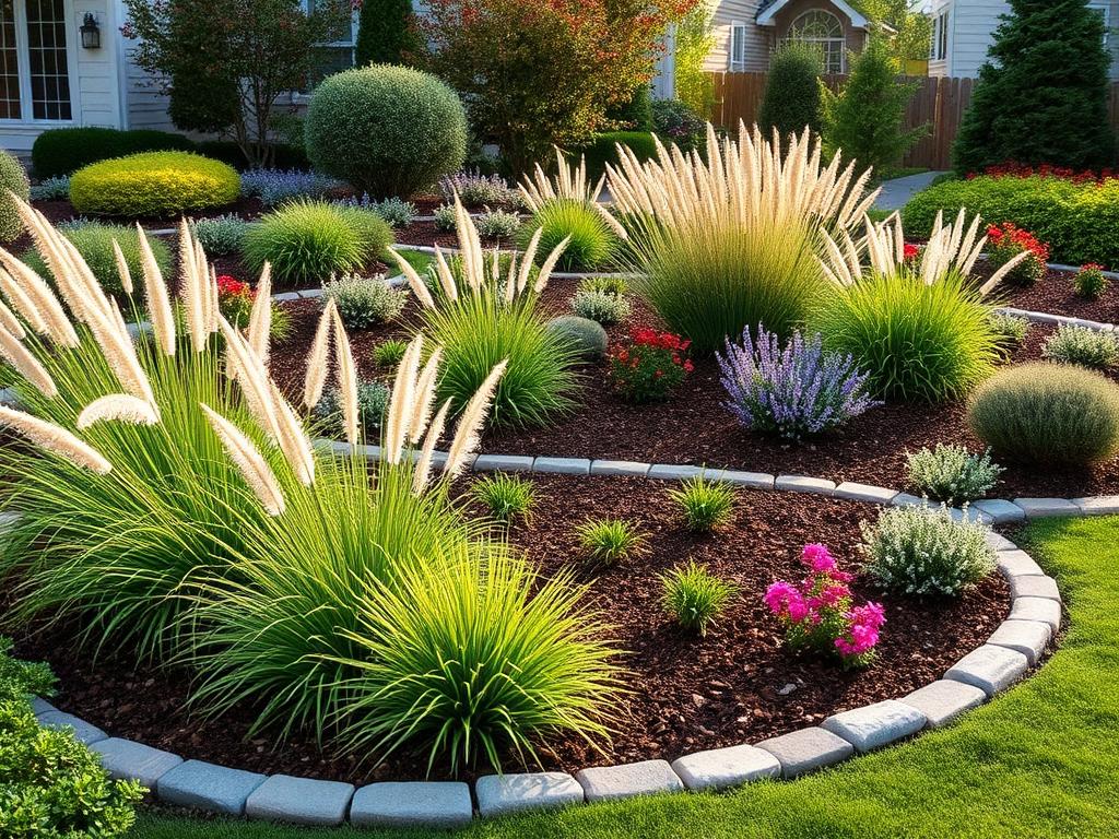 Designed garden landscape with layered plantings and stone edging