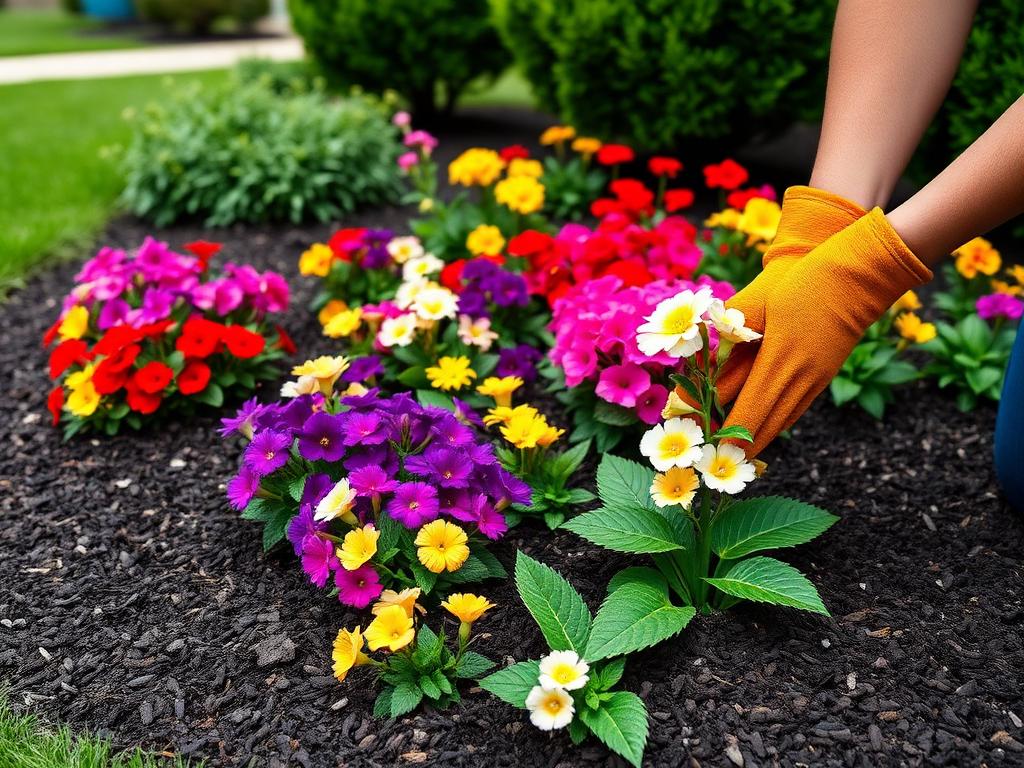 Gloved hands planting colorful flowers in a fresh mulch bed
