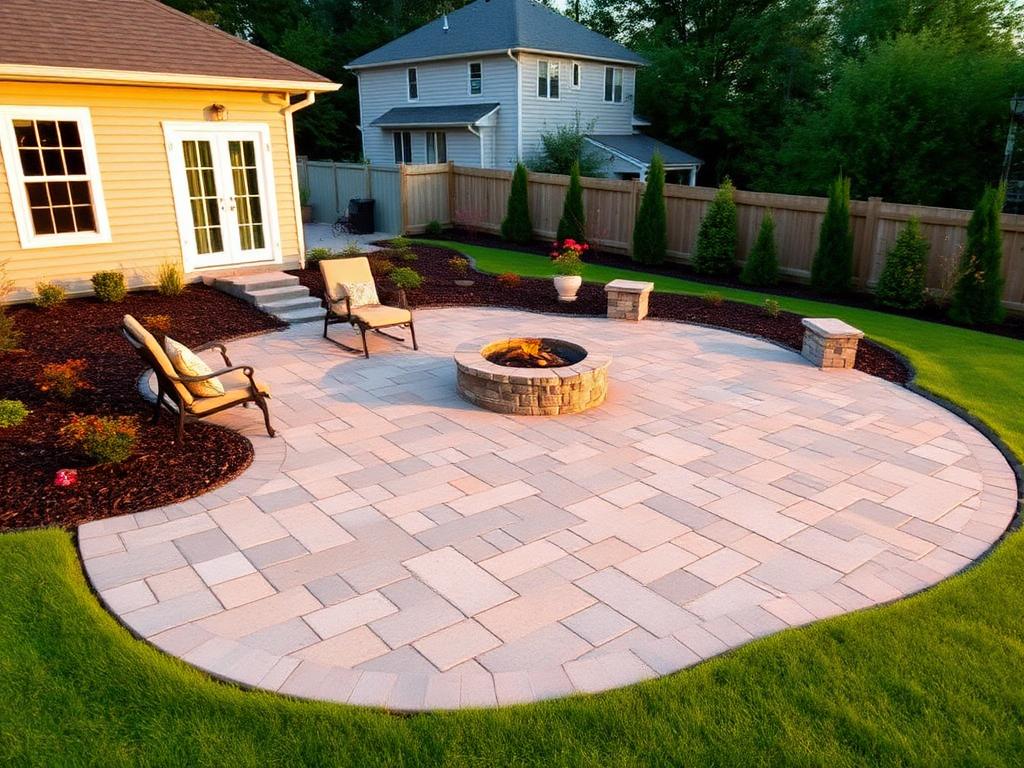 Newly installed paver patio with fire pit and landscaped beds